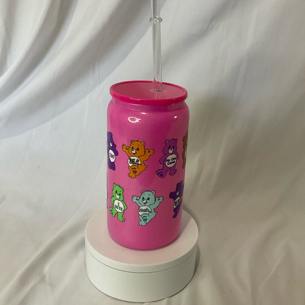 16 Ounce Handmade Shimmer Pink Glass Can Cup w/Lid & Straw, Swearbears